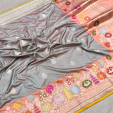 Grey colour pure katan silk Handwoven banarasi  saree