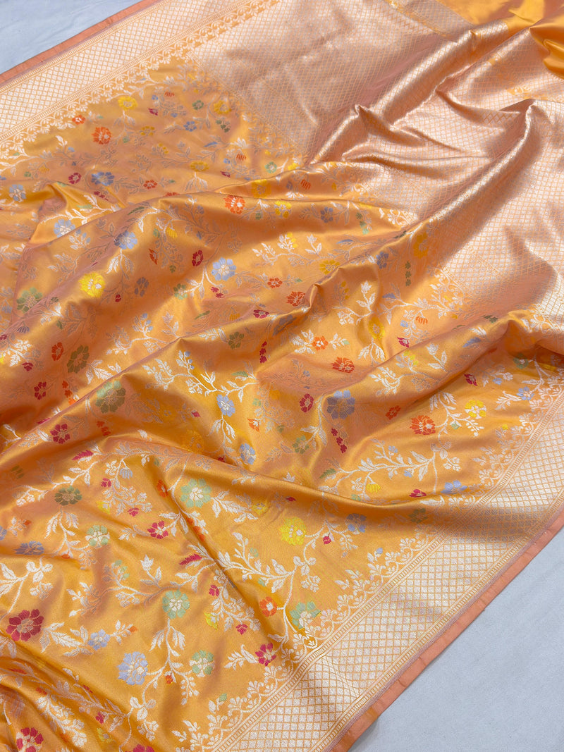 Yellow colour Dual Shade Pure Katan Silk Handwoven Banarasi Saree