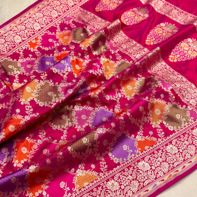 Rani pink colour pure katan silk handwoven banarasi rangkat saree