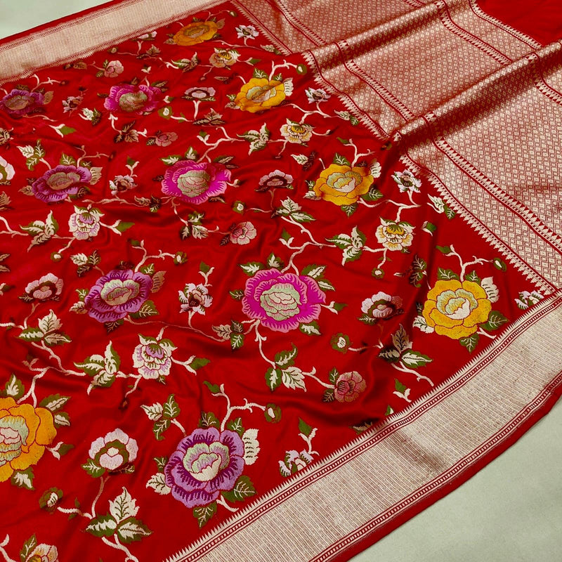 Red colour pure katan silk handwoven banarasi saree