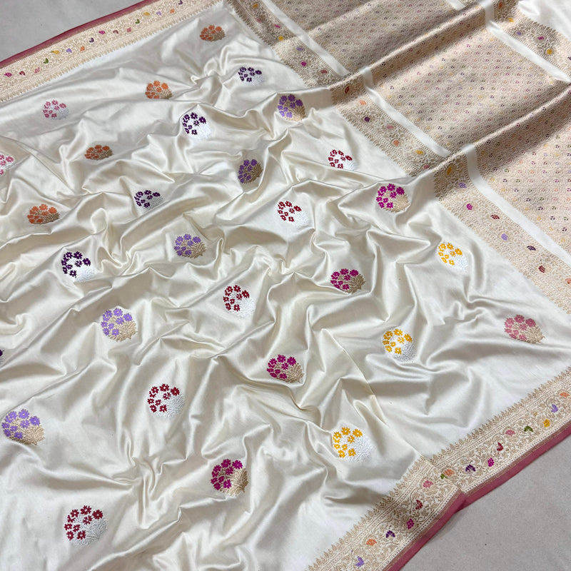 Off white colour pure katan silk handwoven banarasi saree