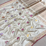 Off white colour pure katan silk handwoven banarasi saree