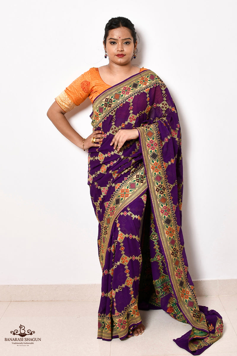 Deep Purple Khaddi Georgette Handwoven Banarasi Saree