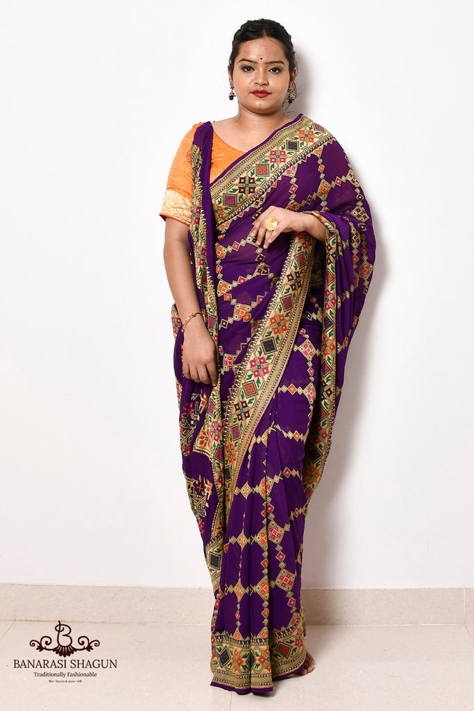 Purple and Cream color Banarasi sarees with all over design saree  -BANS0002128