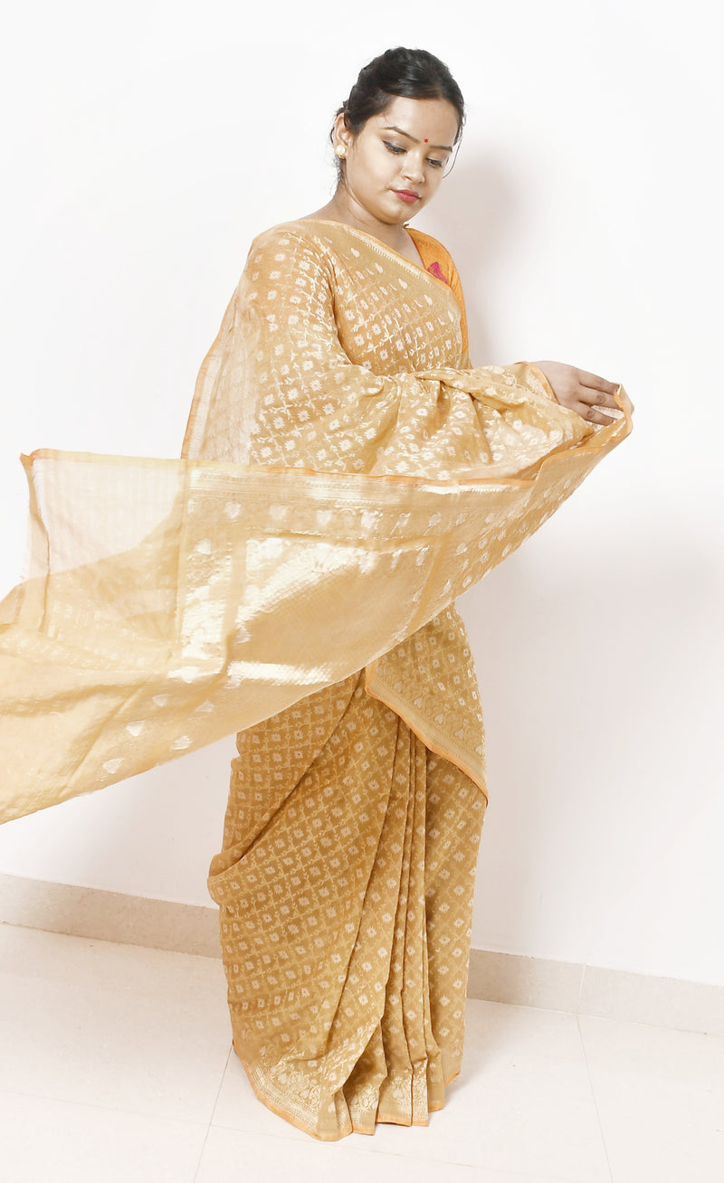 Beige Color Pure Cotton Silk Handwoven Banarasi Saree