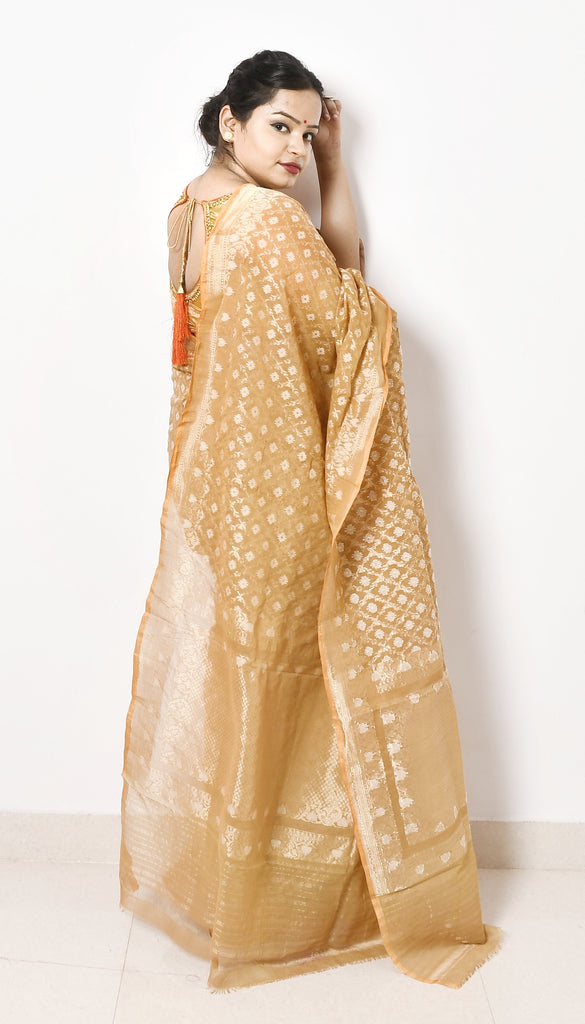 Beige Color Pure Cotton Silk Handwoven Banarasi Saree