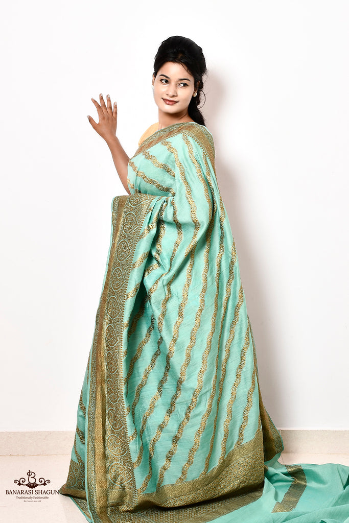 Turquoise Green Color Moonga Silk Handwoven Banarasi Saree