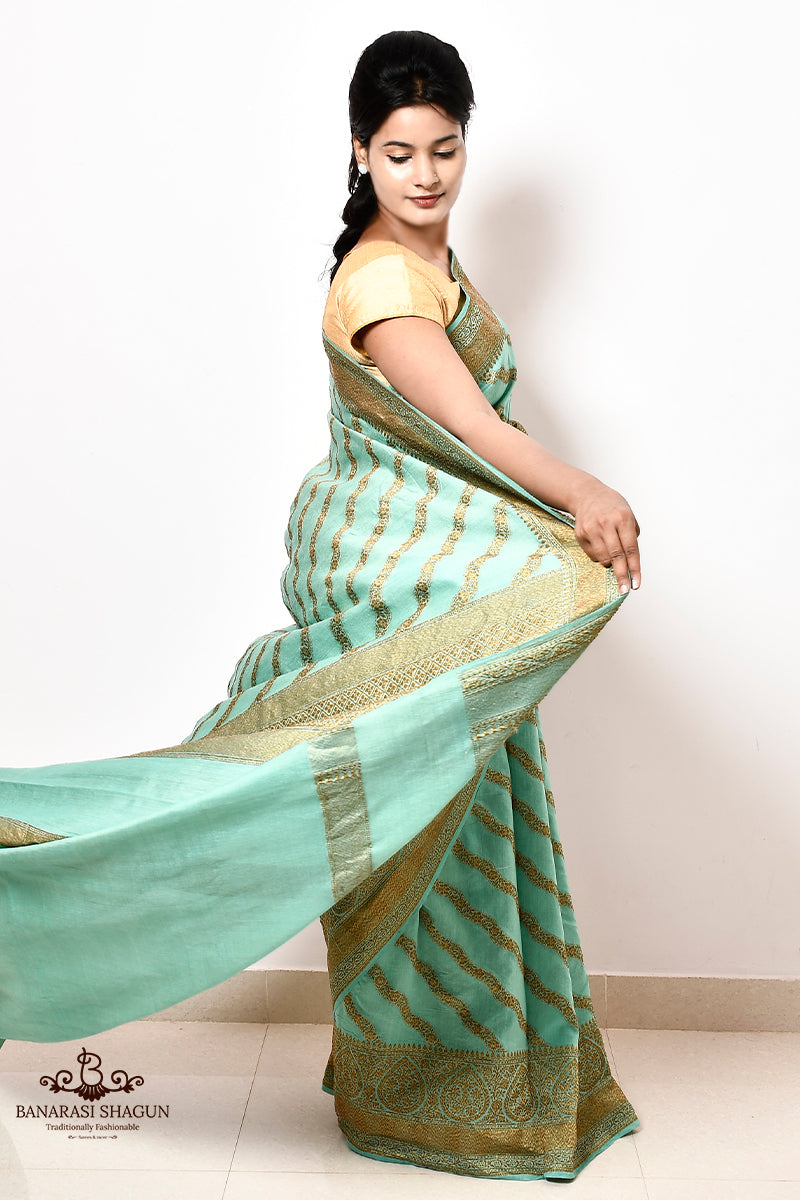 Turquoise Green Color Moonga Silk Handwoven Banarasi Saree