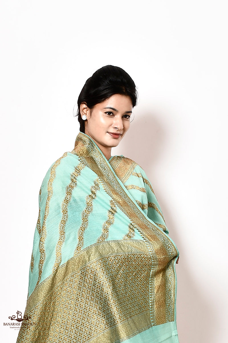 Turquoise Green Color Moonga Silk Handwoven Banarasi Saree