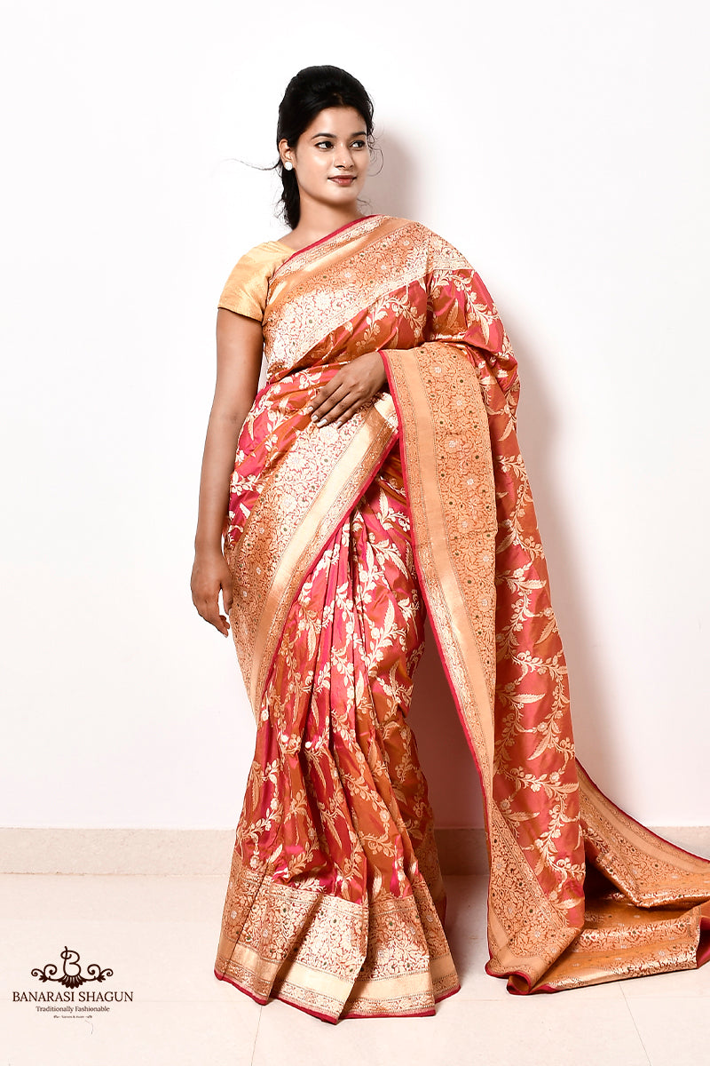 Peach Katan Silk Handwoven Jungla Banarasi Saree