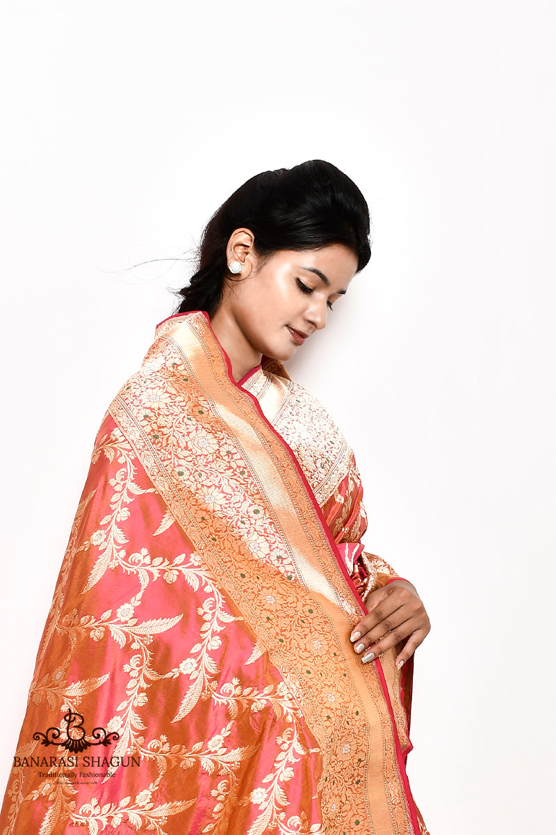 Peach Katan Silk Handwoven Jungla Banarasi Saree