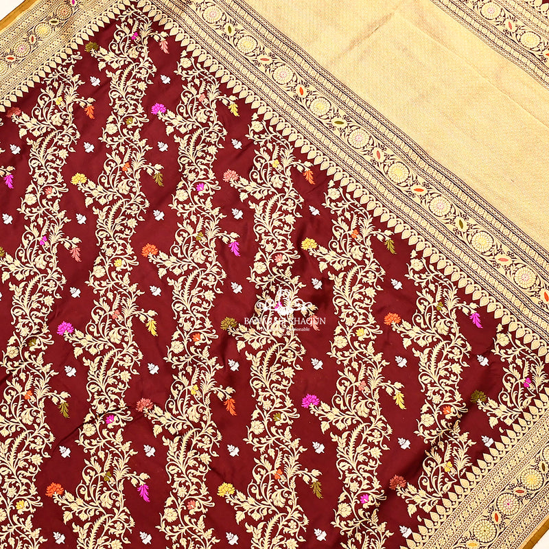 Wine Color Katan Silk Handwoven Jungla Banarasi Saree