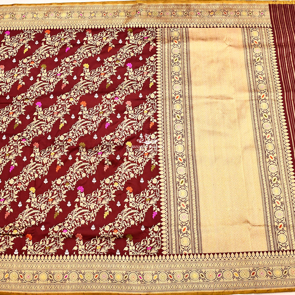 Wine Color Katan Silk Handwoven Jungla Banarasi Saree