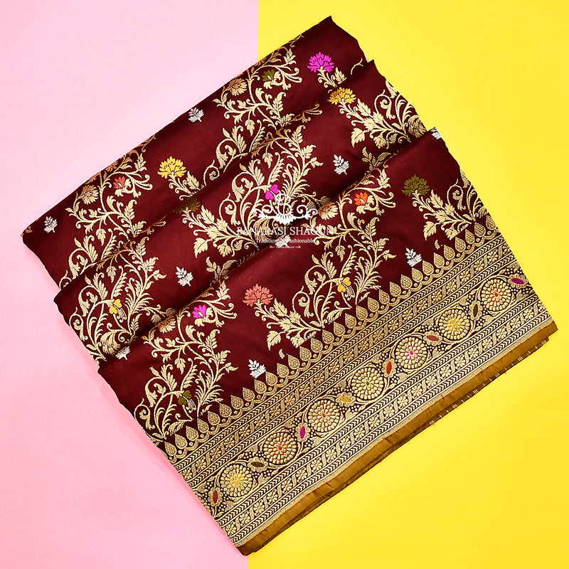 Wine Color Katan Silk Handwoven Jungla Banarasi Saree