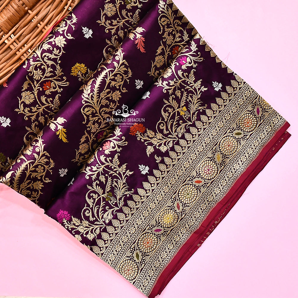 Deep Magenta Katan Silk Handwoven Jungla Banarasi Saree