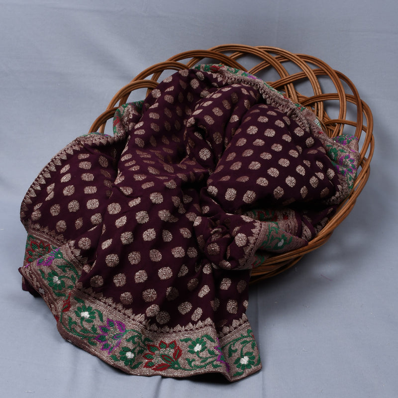 Wine Colour Chiffon Georgette Handwoven Banarasi Saree