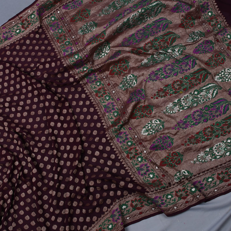 Wine Colour Chiffon Georgette Handwoven Banarasi Saree