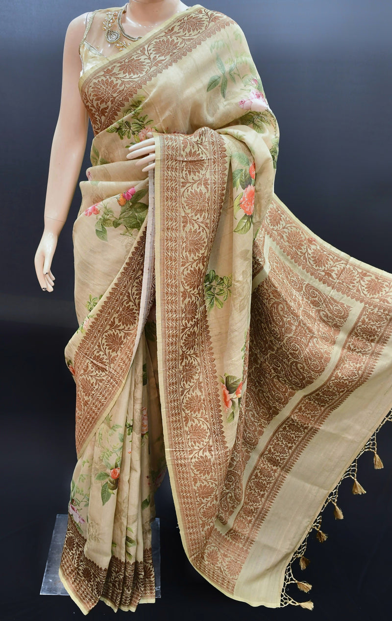 Beige Colour Pure Tussar Handwoven Banarasi Saree. 