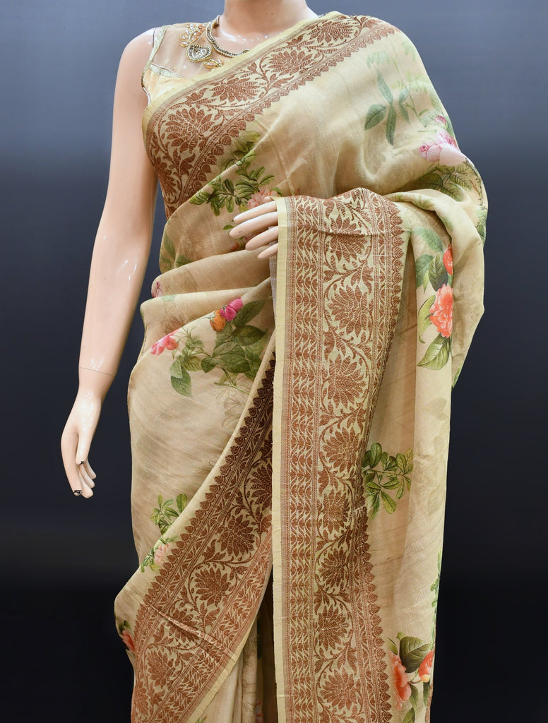 Beige Colour Pure Tussar Silk Handwoven Banarasi Saree. 