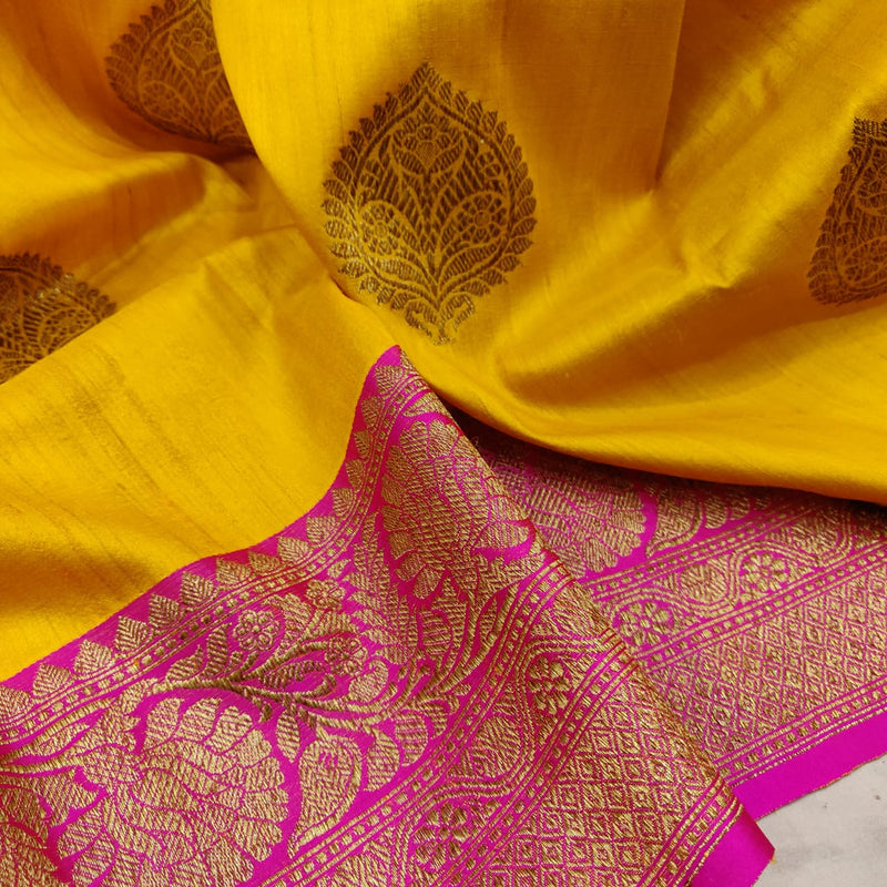 Yellow Tussar Silk Handwoven Banarasi Saree. 