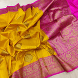 Yellow Tussar Silk Handwoven Banarasi Saree. 