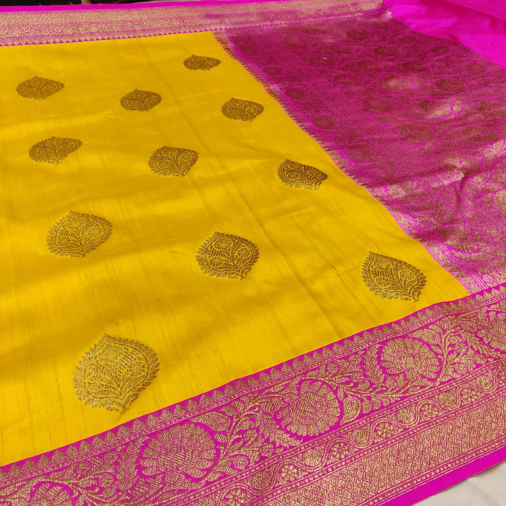 Yellow Tussar Silk Handwoven Banarasi Saree. 