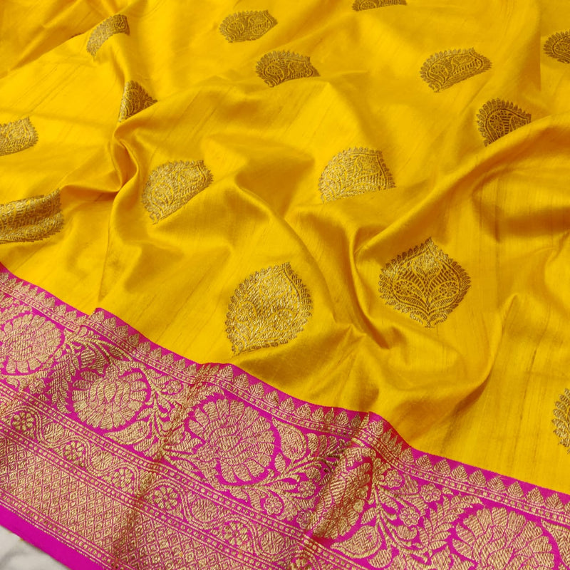 Yellow Tussar Silk Handwoven Banarasi Saree. 