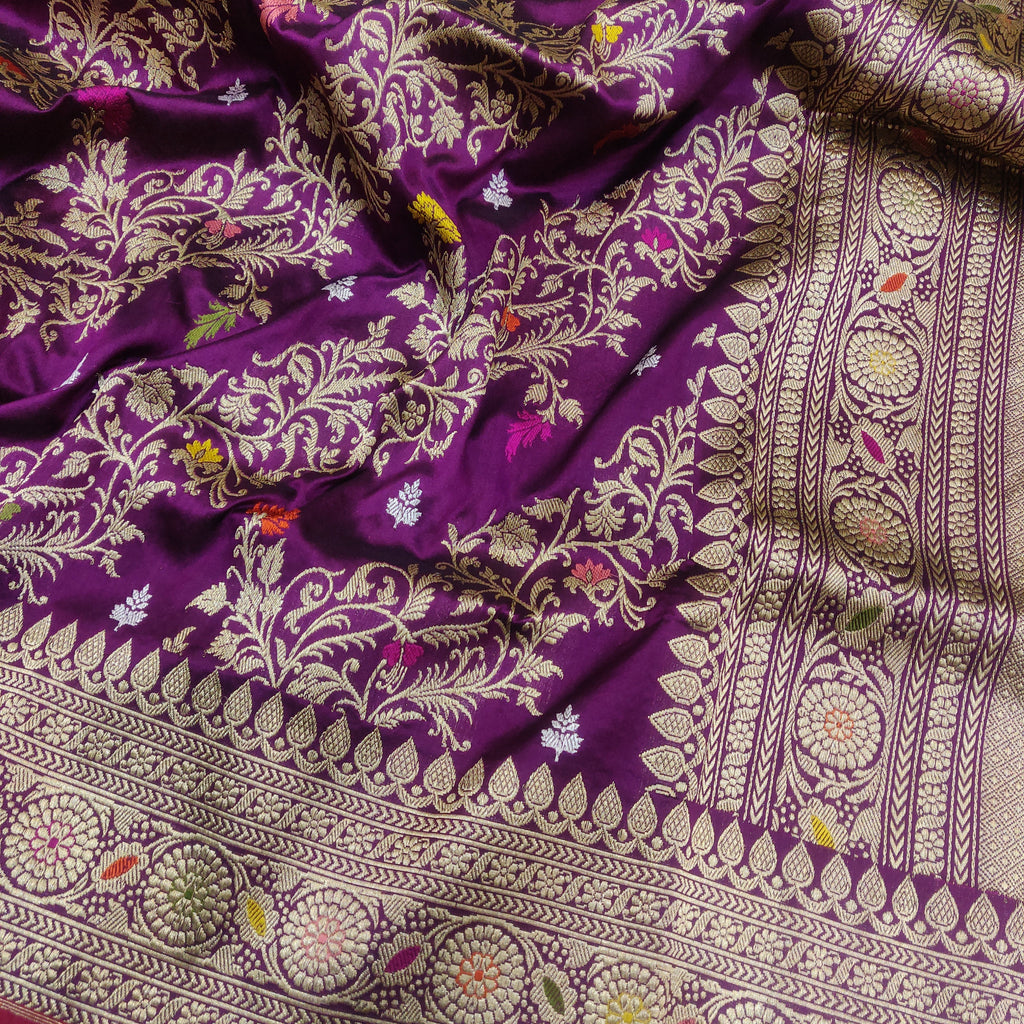 Deep Magenta Katan Silk Handwoven Jungla Banarasi Saree