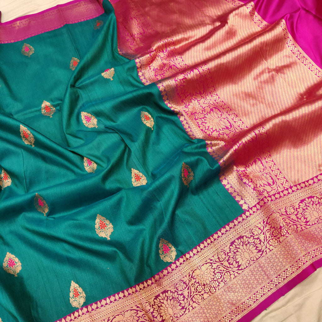 Rama Green Tussar Silk Handwoven Banarasi Saree