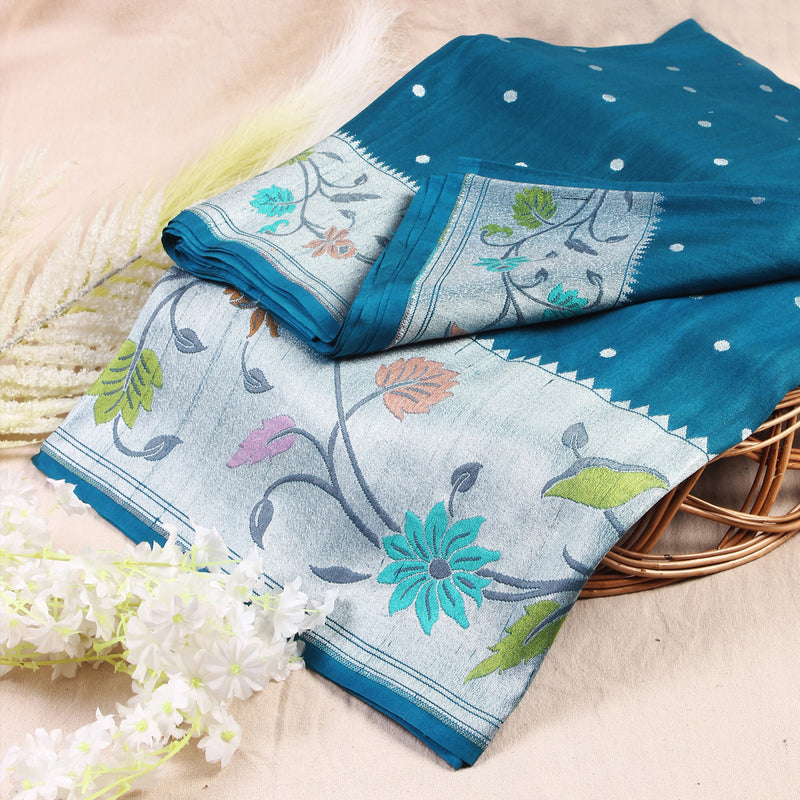 Prussian Blue Tussar Silk Handwoven Banarasi Saree. 