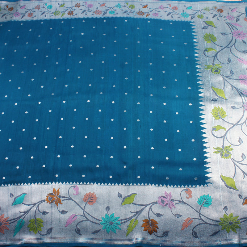 Prussian Blue Tussar Silk Handwoven Banarasi Saree. 