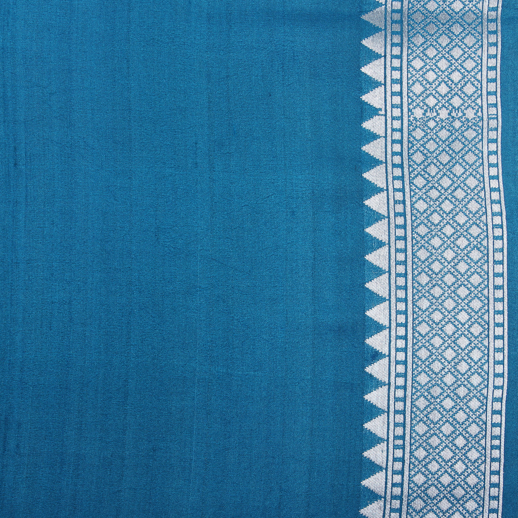 Prussian Blue Tussar Silk Handwoven Banarasi Saree. 