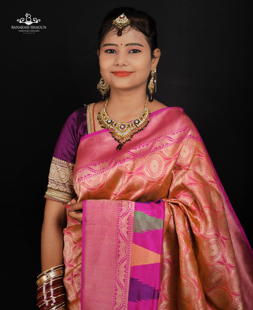 Orangish Pink Color Katan Silk Handwoven Banarasi Saree