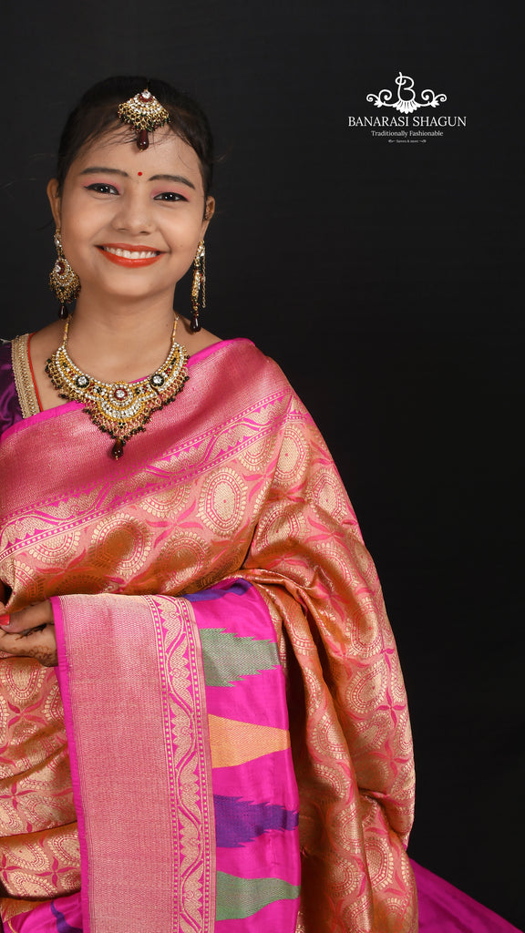 Orangish Pink Color Katan Silk Handwoven Banarasi Saree