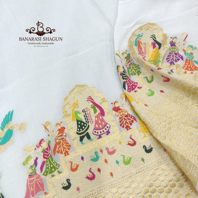 White Colour Chiffon Georgette Handwoven Banarasi Saree