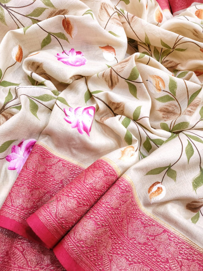 Off White Colour Tussar Silk Handwoven Banarasi Saree. 