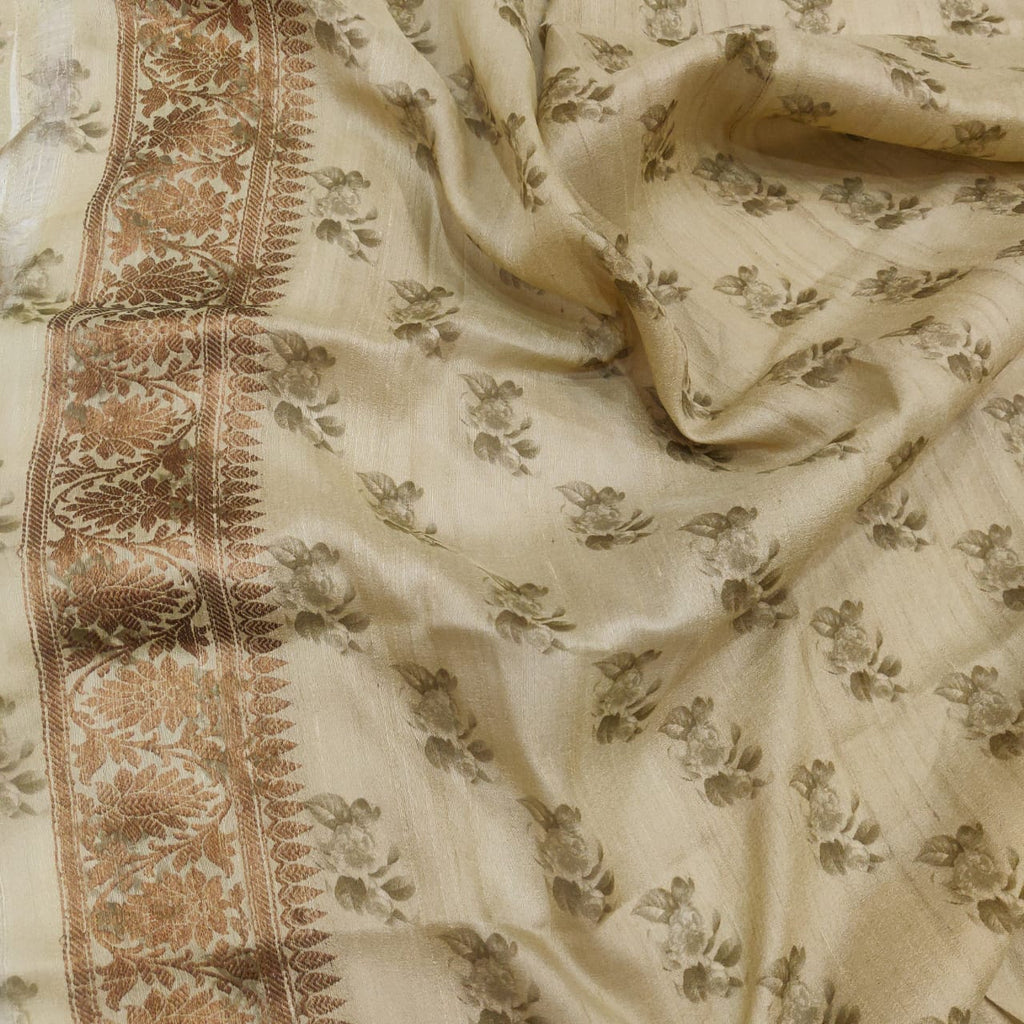Beige Colour Pure Tussar Silk Handwoven Banarasi Saree. 