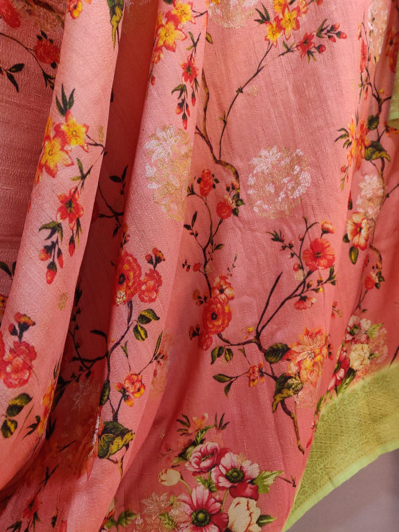 Orange Color Pure Tussar Silk Handwoven Banarasi Saree. 