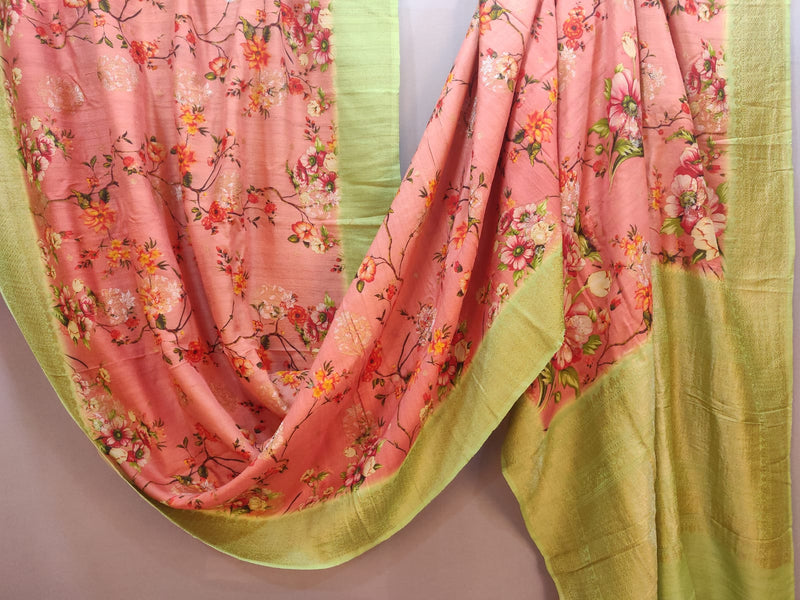 Orange Color Pure Tussar Silk Handwoven Banarasi Saree. 