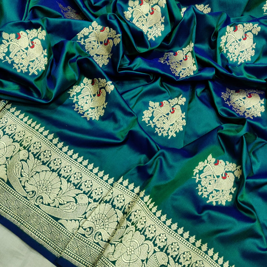 Peacock Colour Dual Shade Katan Silk Handwoven Banarasi Saree