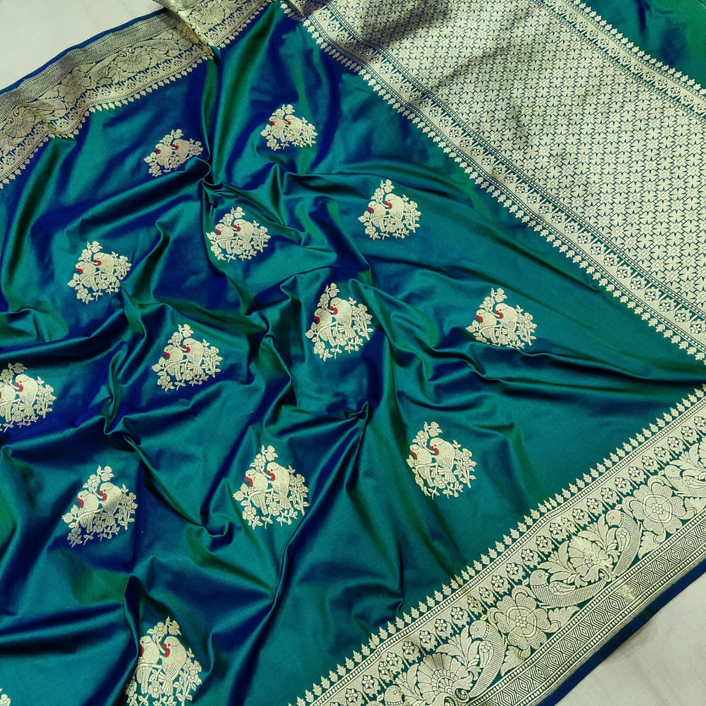 Peacock Colour Dual Shade Katan Silk Handwoven Banarasi Saree